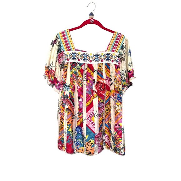 Johnny Was Tweety Mixed Print Silk Boho Blouse Top L Vibrant Colors - Picture 1 of 3
